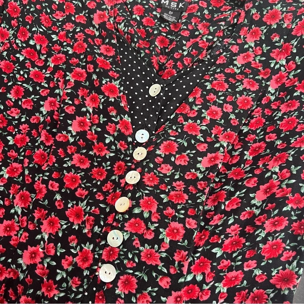 MSK vintage floral Polk dot rose button down midi dress size 6P cottagecore - Picture 3 of 10